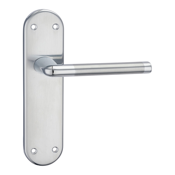 FLATFOK-SPC • Long Plate Latch • Satin / Polished Chrome • Fortessa Foko Levers On Backplates